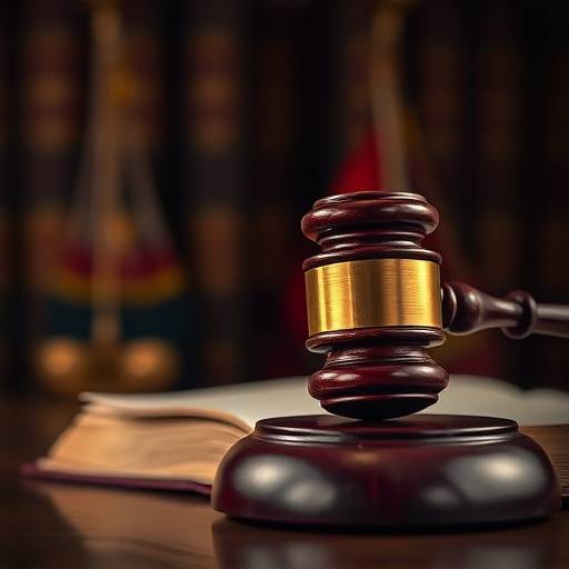 Gros plan d'un marteau de juge sur un livre de droit.