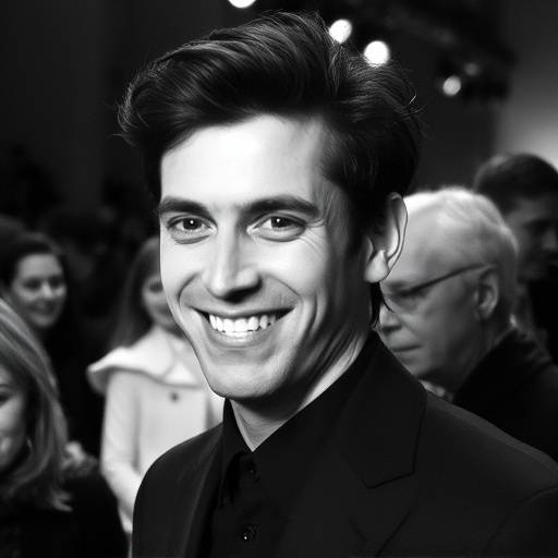 Photo en noir et blanc de Gaspard Ulliel, souriant, lors d'un défilé de mode en 2015.