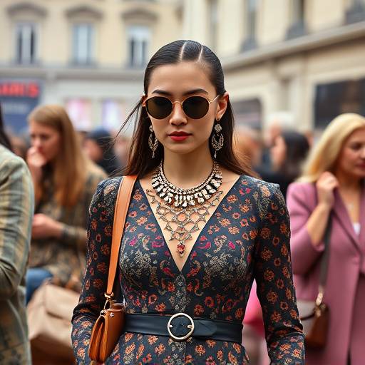 Une influenceuse de mode portant des accessoires vintage lors de la Fashion Week de Paris.